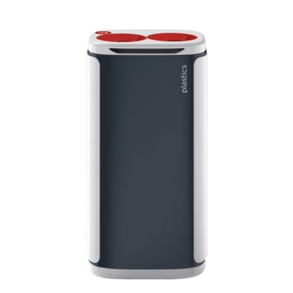 office recycling bin with red top for plastics with 2 circular apertures