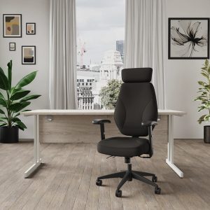 task operator chair in black fabric with arms and headrest in home office