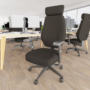 task operator office chair in black fabric with headrest in office.