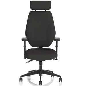 task operator chair in black fabric with head rest and black frame
