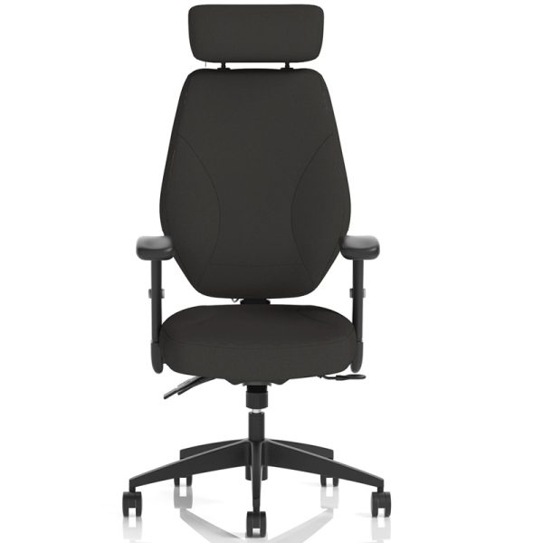 task operator chair in black fabric with head rest and black frame