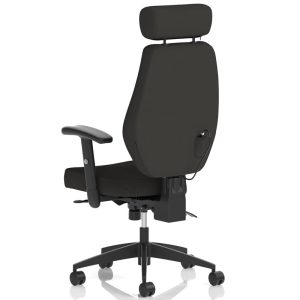 task operator chair in black fabric with black base. back view