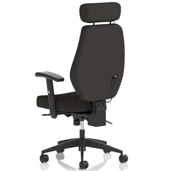 task operator chair in black fabric with black base. back view