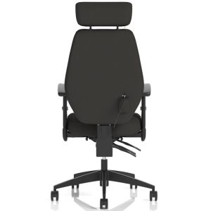 task operator chair in black fabric and black base. back view
