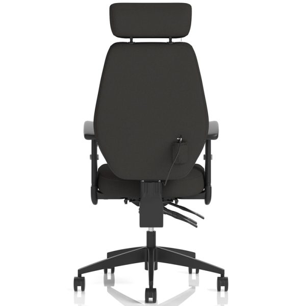 task operator chair in black fabric and black base. back view