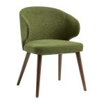 contemporary cafe arm chair in green boucle fabric and dark wood legs