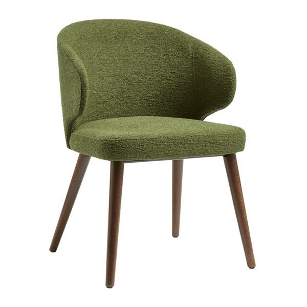 contemporary cafe arm chair in green boucle fabric and dark wood legs