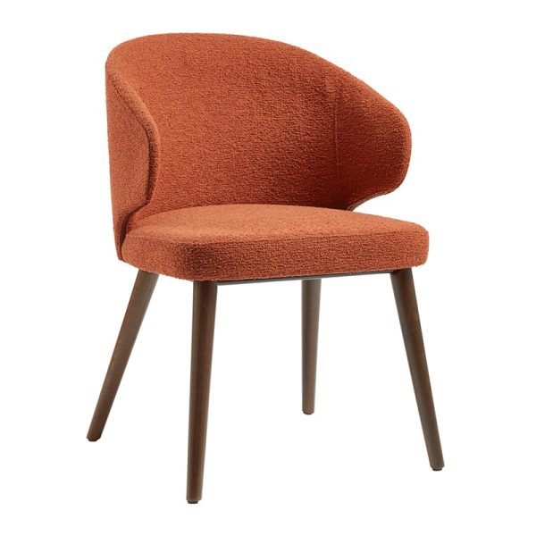 contemporary cafe chair in terracotta boucle fabric with dark wood legs