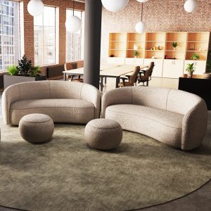 curved reception sofa in cream boucle fabric