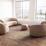 curved reception sofa in cream boucle fabric