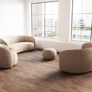 curved reception sofa in cream boucle fabric