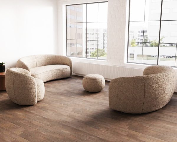 curved reception sofa in cream boucle fabric