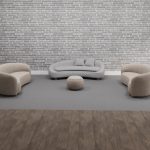 curved reception sofa in cream boucle fabric