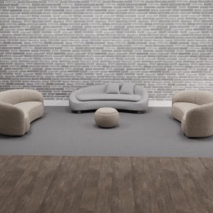 curved reception sofa in cream boucle fabric
