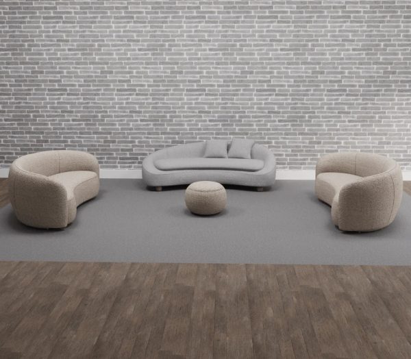 curved reception sofa in cream boucle fabric
