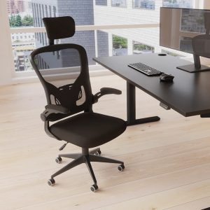 executive mesh chair with folding arms in office