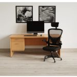executive mesh chair with folding arms in front of beech office desk