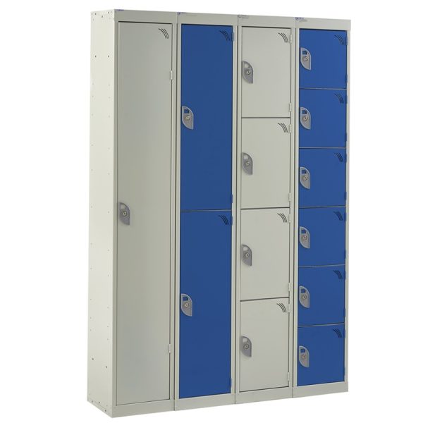 express delivery lockers in a row with choice of doors and blue or grey doors