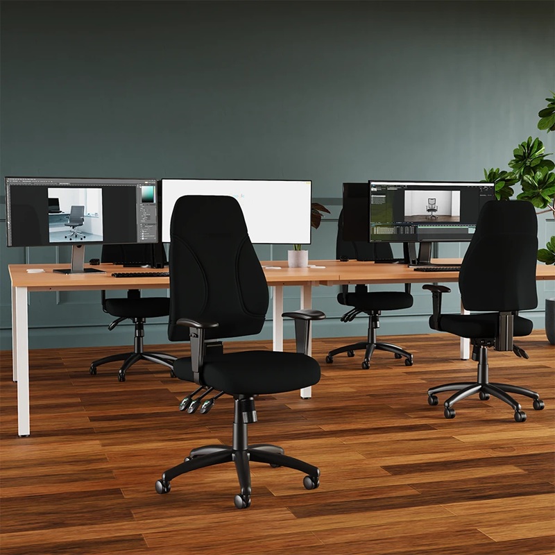 high back task operator chair in office in front of office desk