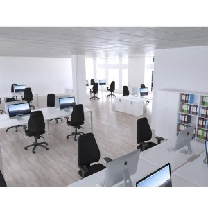 high back task operator chair in black fabric in big office with white office desks and storage