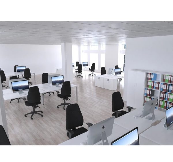 high back task operator chair in black fabric in big office with white office desks and storage