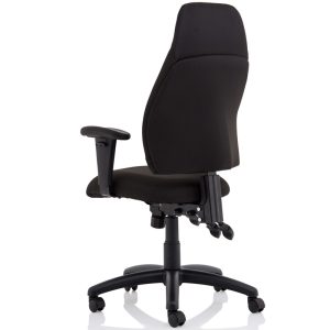 high back task operator chair in black fabric back view