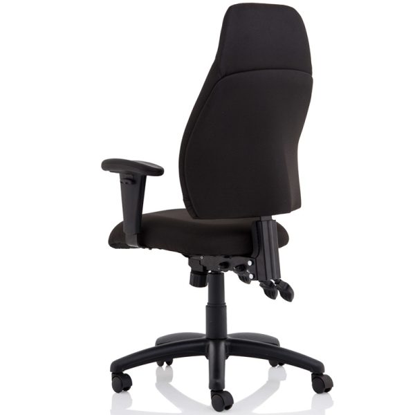 high back task operator chair in black fabric back view
