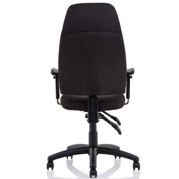 high back task operator chair in black fabric back view