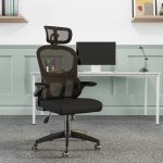 mesh back task operator chair in front of office desk and green and white wall