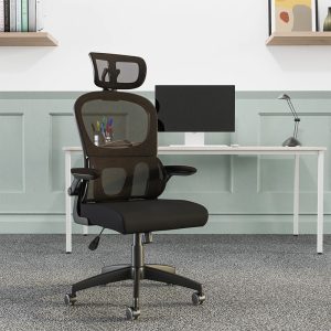 mesh back task operator chair in front of office desk and green and white wall