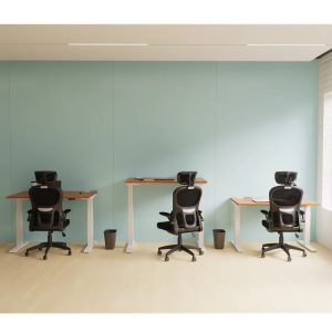 mesh back task operator chairs in front of three height adjustable desks at different levels in office with green wall