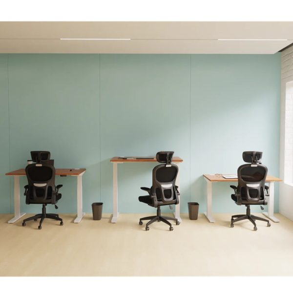 mesh back task operator chairs in front of three height adjustable desks at different levels in office with green wall