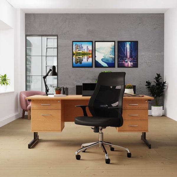 mesh back task operator chair in office in front of desk with 2 drawer pedestals