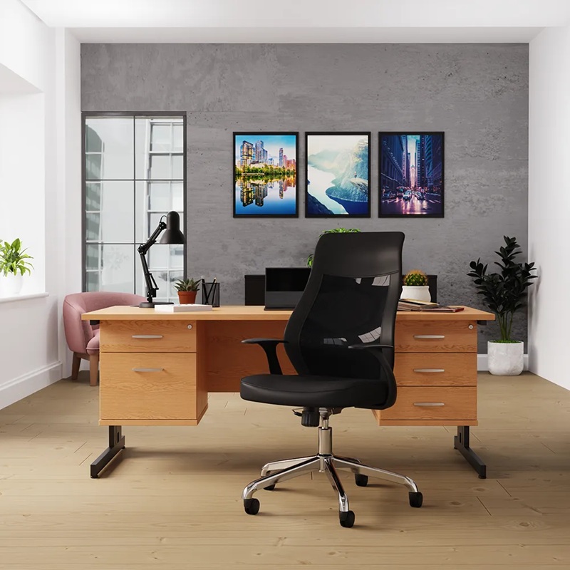mesh back task operator chair in office in front of desk with 2 drawer pedestals