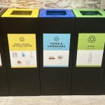 office recycling bins with coloured recycling bin tops in a row with waste stream labelling