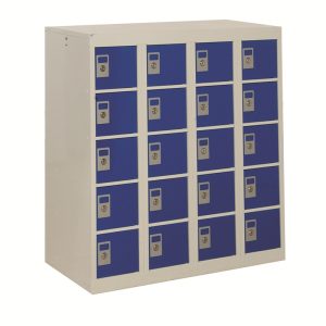 personal effects locker with 20 compartments with dark blue doors