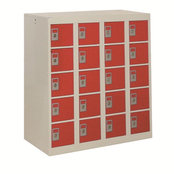 personal effects locker with 20 compartments and red doors