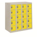 personal effects locker with 20 compartments and yellow doors