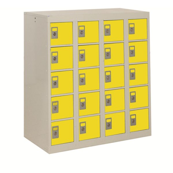 personal effects locker with 20 compartments and yellow doors