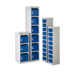 post box lockers in different sizes with grey carcass and blue doors