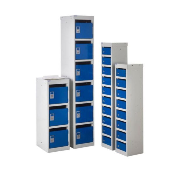 post box lockers in different sizes with grey carcass and blue doors