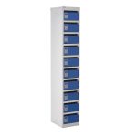 post box lockers with 10 compartments. grey carcass and blue doors