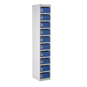 post box lockers with 10 compartments. grey carcass and blue doors