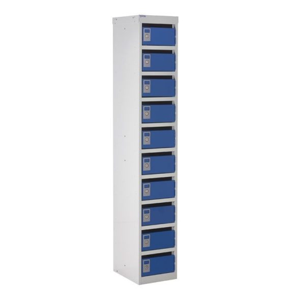 post box lockers with 10 compartments. grey carcass and blue doors