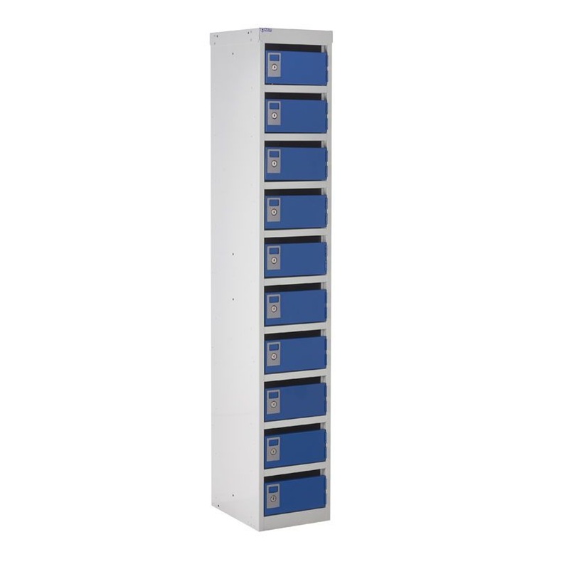 post box lockers with 10 compartments. grey carcass and blue doors