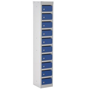 post lockers with grey carcass and blue doors with 10 compartments