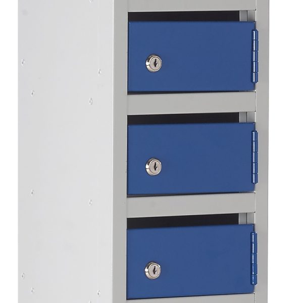 post lockers with grey carcass and blue doors close up