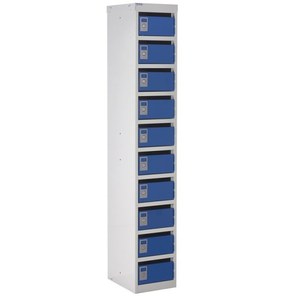 post locker pigeon holes with grey carcass and blue doors with 10 compartments