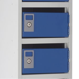 post box pigeon hole with grey carcass and blue lockable doors close up