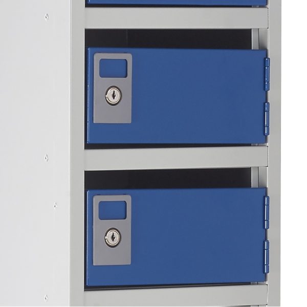 post box pigeon hole with grey carcass and blue lockable doors close up